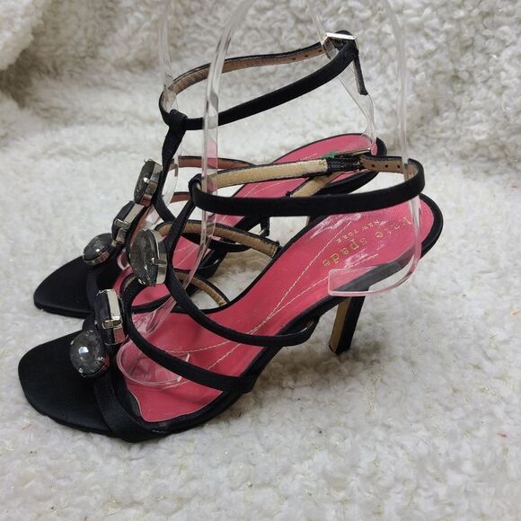 Kate Spade Black Satin‎ Chunky Rhinestone Embellished Strappy Heeled Sandals - Picture 3 of 5
